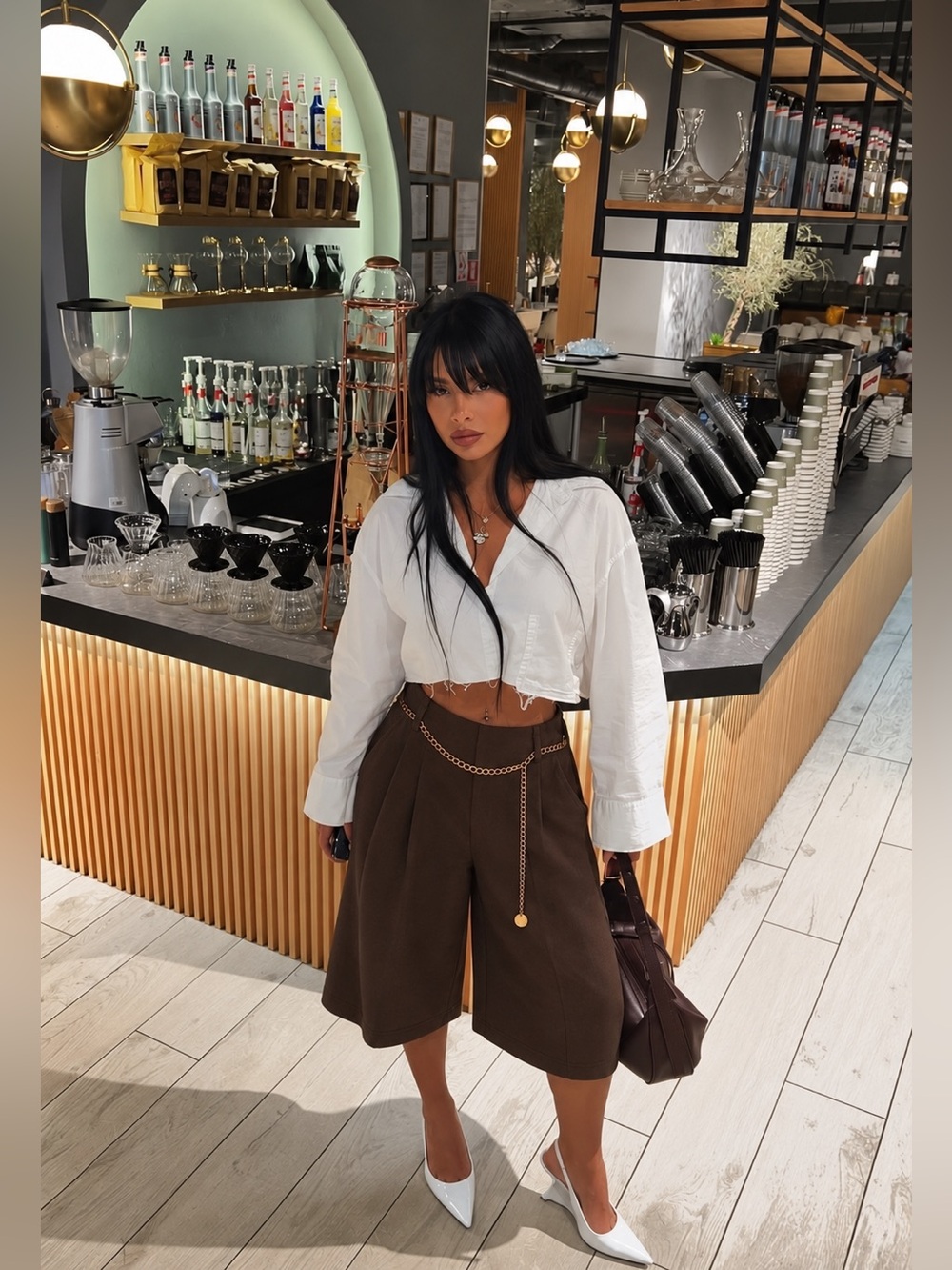 NWT High-Waist Chain Belted Culotte Knit Shorts - Brown